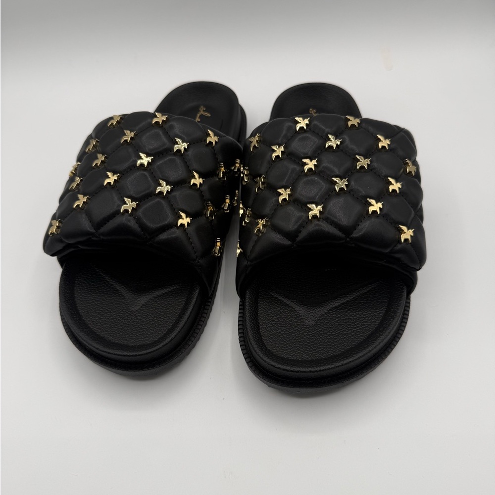She Is Cheval Black Quilted Slide Sandals W/Gold Accents Comfort Designer Style - Picture 15 of 17